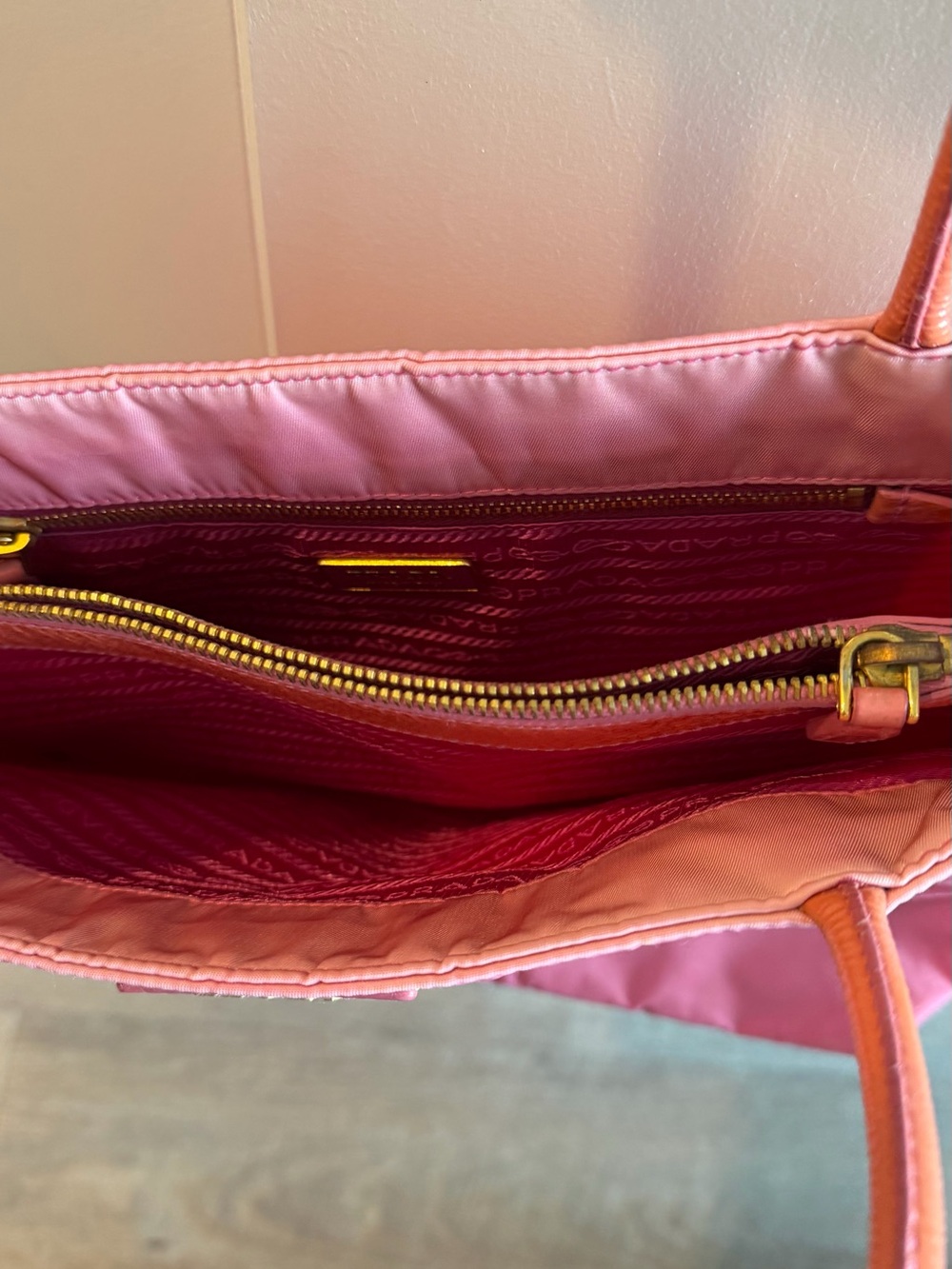 Prada Pink Nylon Shoulder Tote with Gold Triangle Logo - Picture 4 of 6